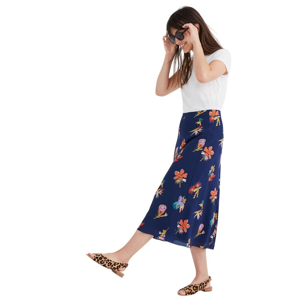 Madewell Silk Midi Skirt Women's 10 Navy Botanical Resort Euro Vacation Cruise - Picture 14 of 16